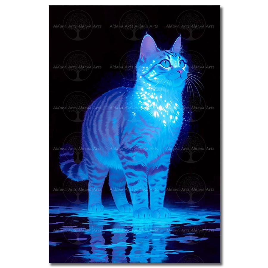 Electric Water Cat Art Print, Neon Reflection Scene Poster, Collector Decor