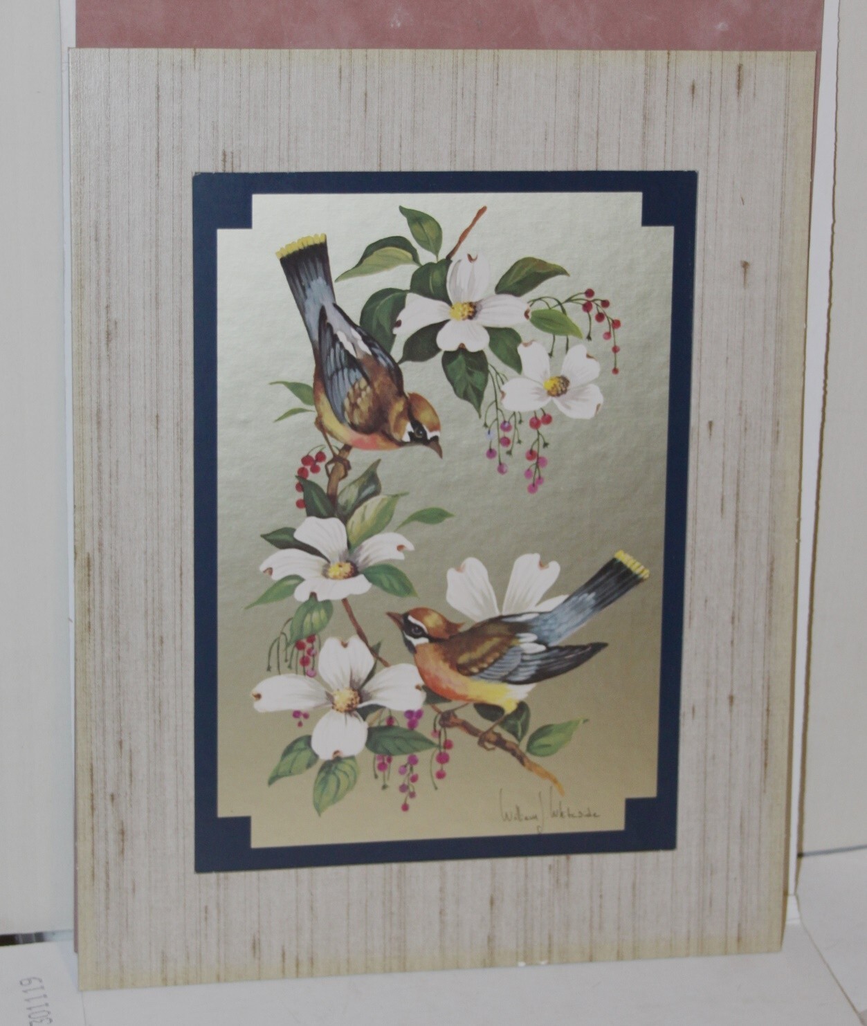 Vintage William J. Whiteside Gold Print Foil Birds on Dogwood SIGNED , matted