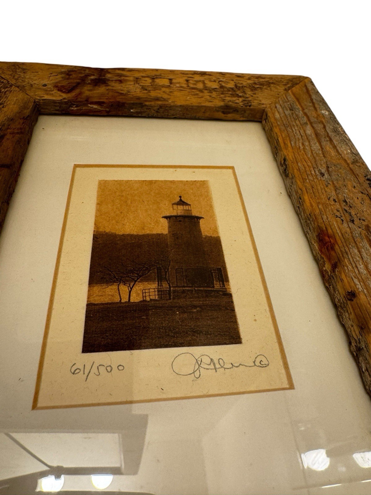 Michael J. Leu Signed Lighthouse Etching Print 61/500 Rustic Framed Coastal Art