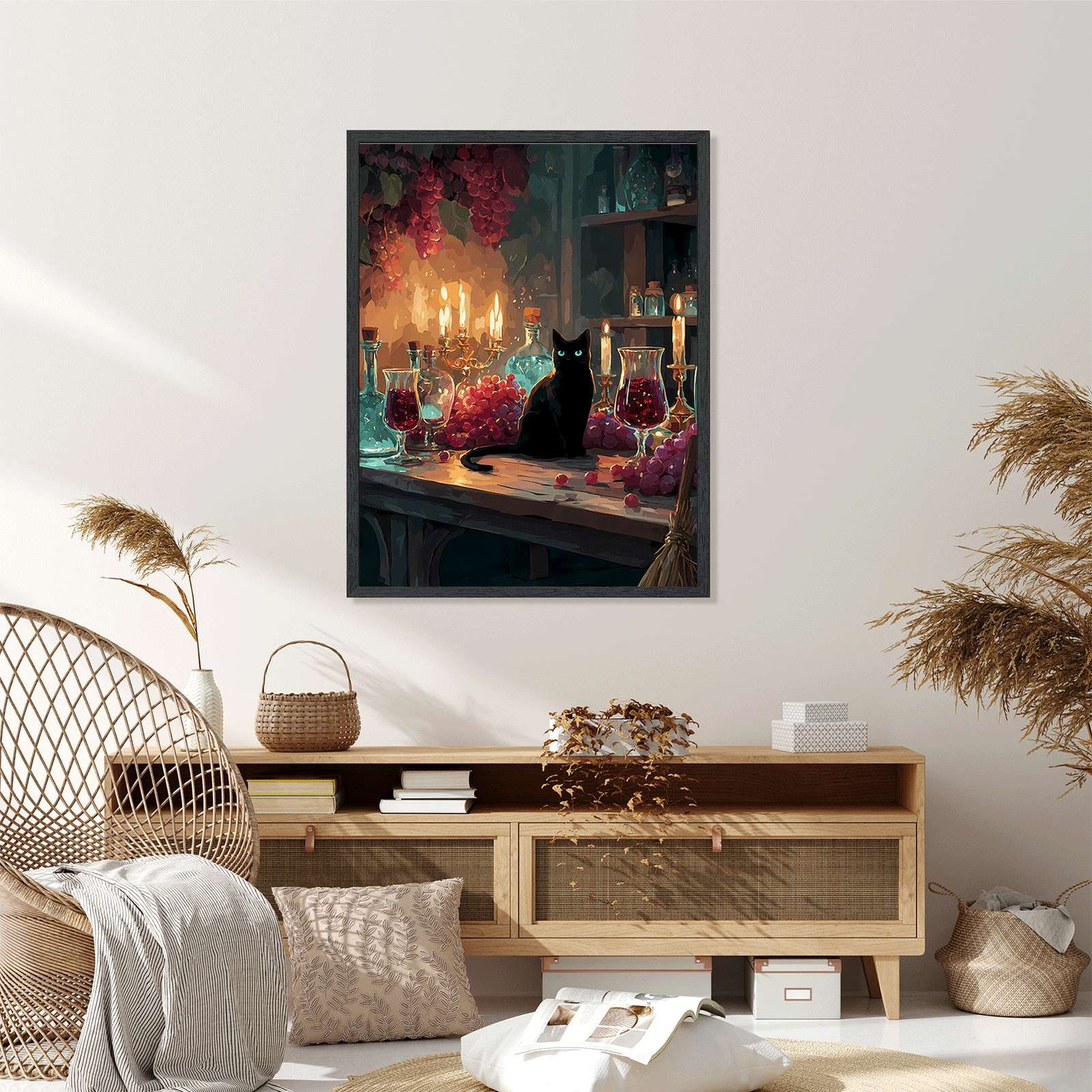Black Cat Wine Grapes Wall Art Canvas Oil Paintings Reproduction