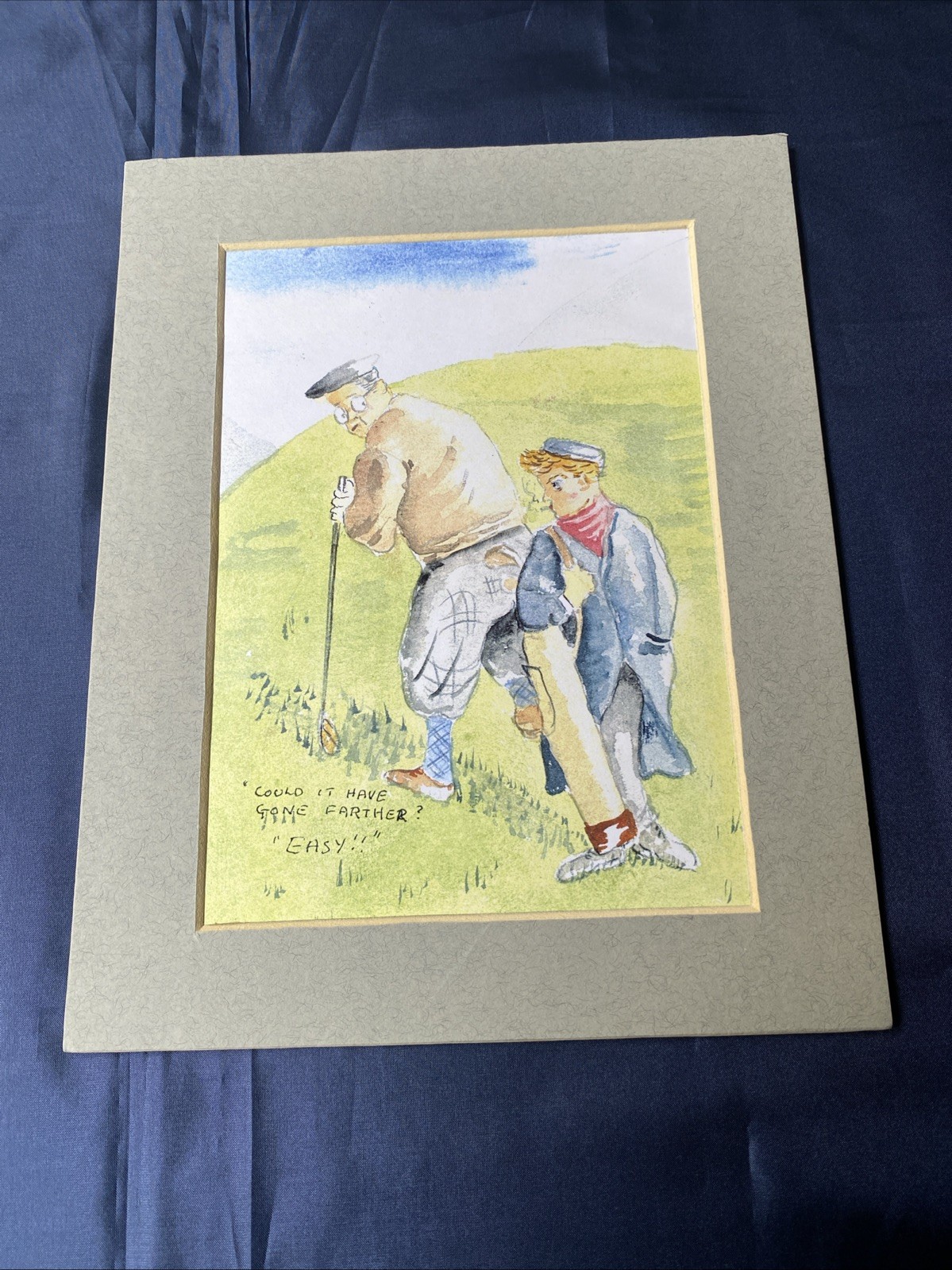 Vintage Caricature Golf Scene Art Print On Card. Clean In Sleeve. 19x24cm VGC