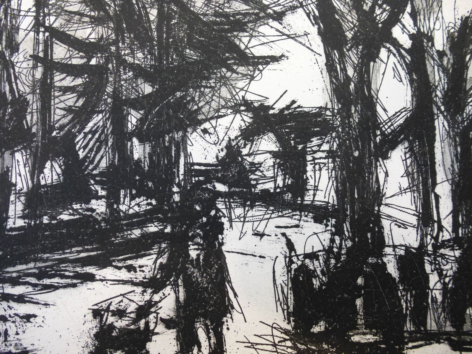 Etching “unknown village with people and trees” Jürgen Weber 1970
