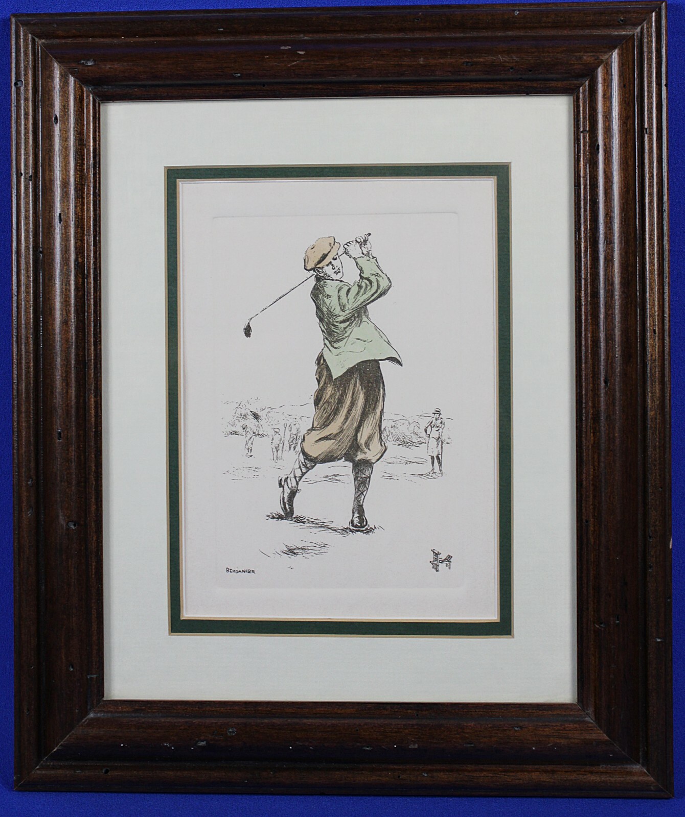 Vintage Paul Berdanier Hand-Colored “Golfer” Etching Signed in Plate Framed