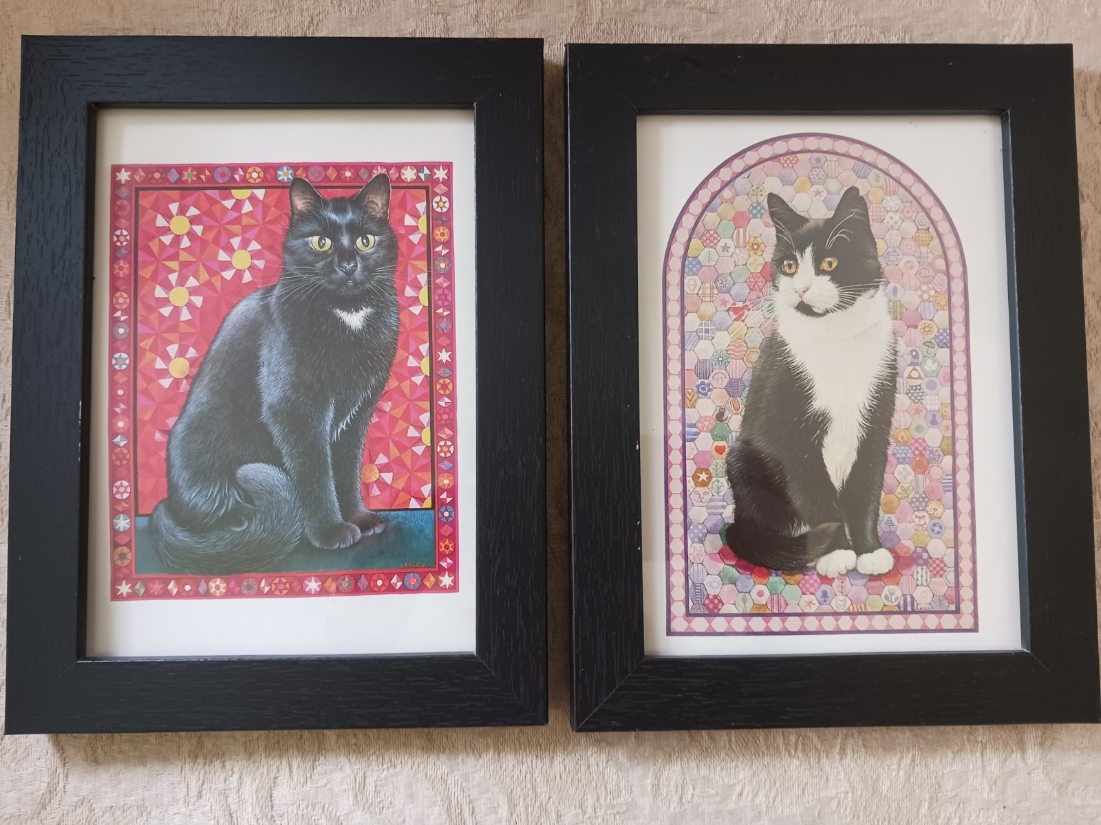 2 Lesley Anne Ivory Framed Cat Prints Vtg ’90s Charming Black White Tuxedo Cats