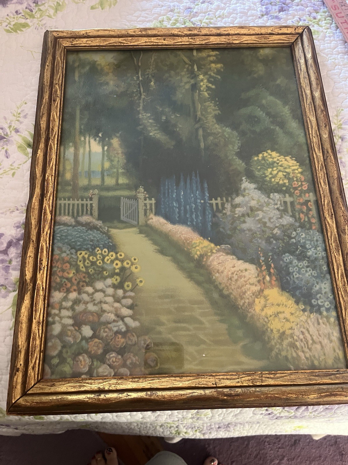 Beautiful Antique Framed Lithograph Print Floral Garden Gate R Atkinson Fox?