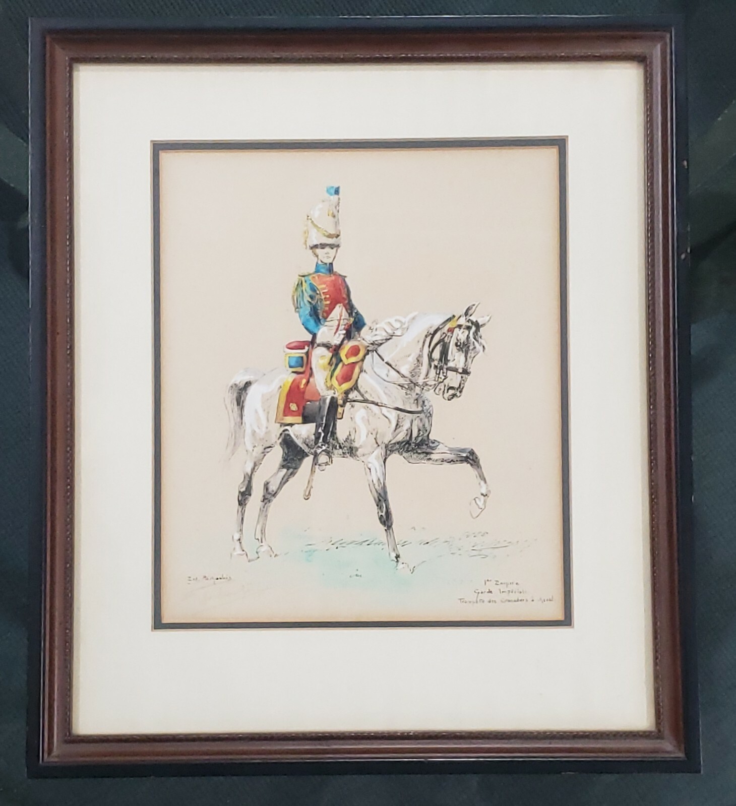 Eugene Pechaubes Garde Imperiale Horse Soldier Pencil Signed Watercolor Print