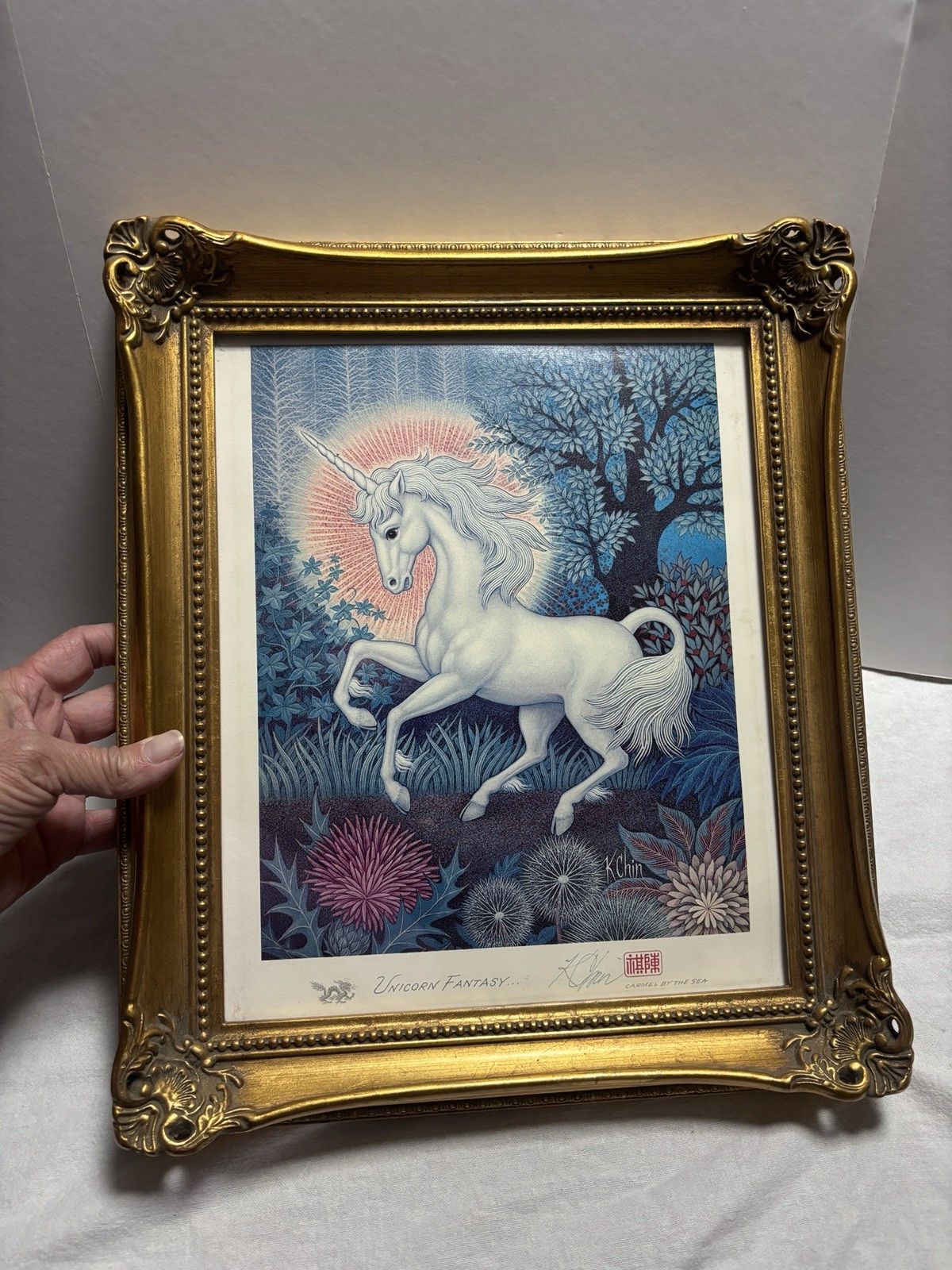 Vintage Signed K Chin Unicorn Fantasy Carmel By The Sea Framed