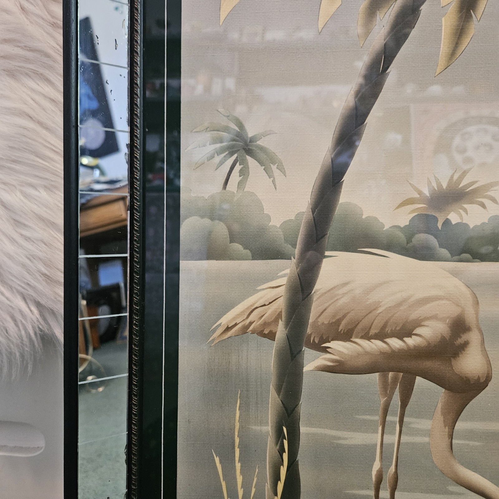 VTG Mid Century Flamingos Lithograph Picture Print by Turner Mirror Frame 32×26″