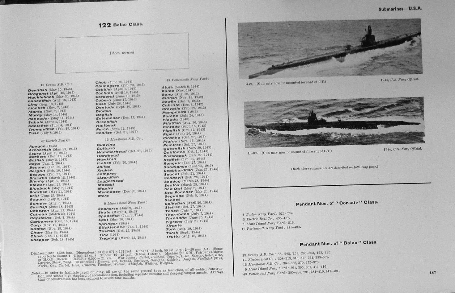 Old Vintage Print 1936-54 America Submarine Ships Gar Hake Sailfish Rock 20th