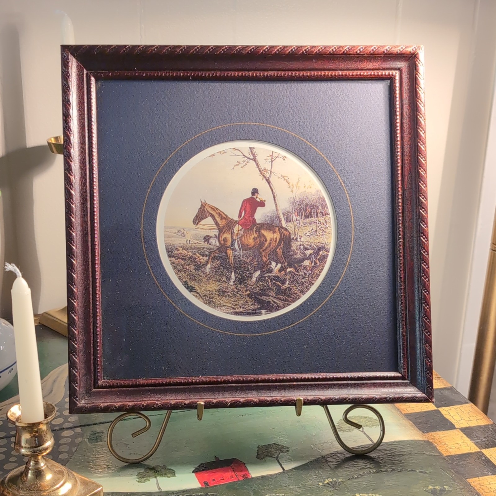 English Equestrian Hunting Scenes Set of 2 Framed Prints , Matted In Navy Blue
