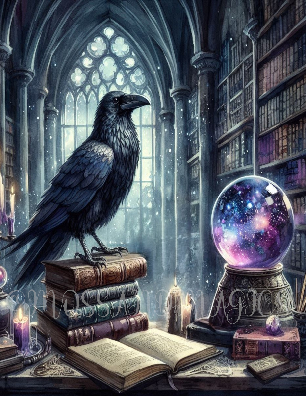 Raven on books Full moon Library Halloween Fantasy Watercolor Painting art Print