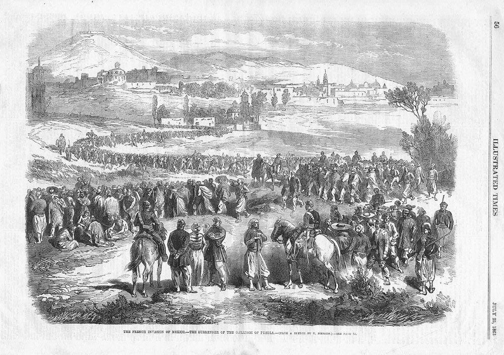 MEXICO Surrender of the Puebla Garrison to the French – Antique Print 1863