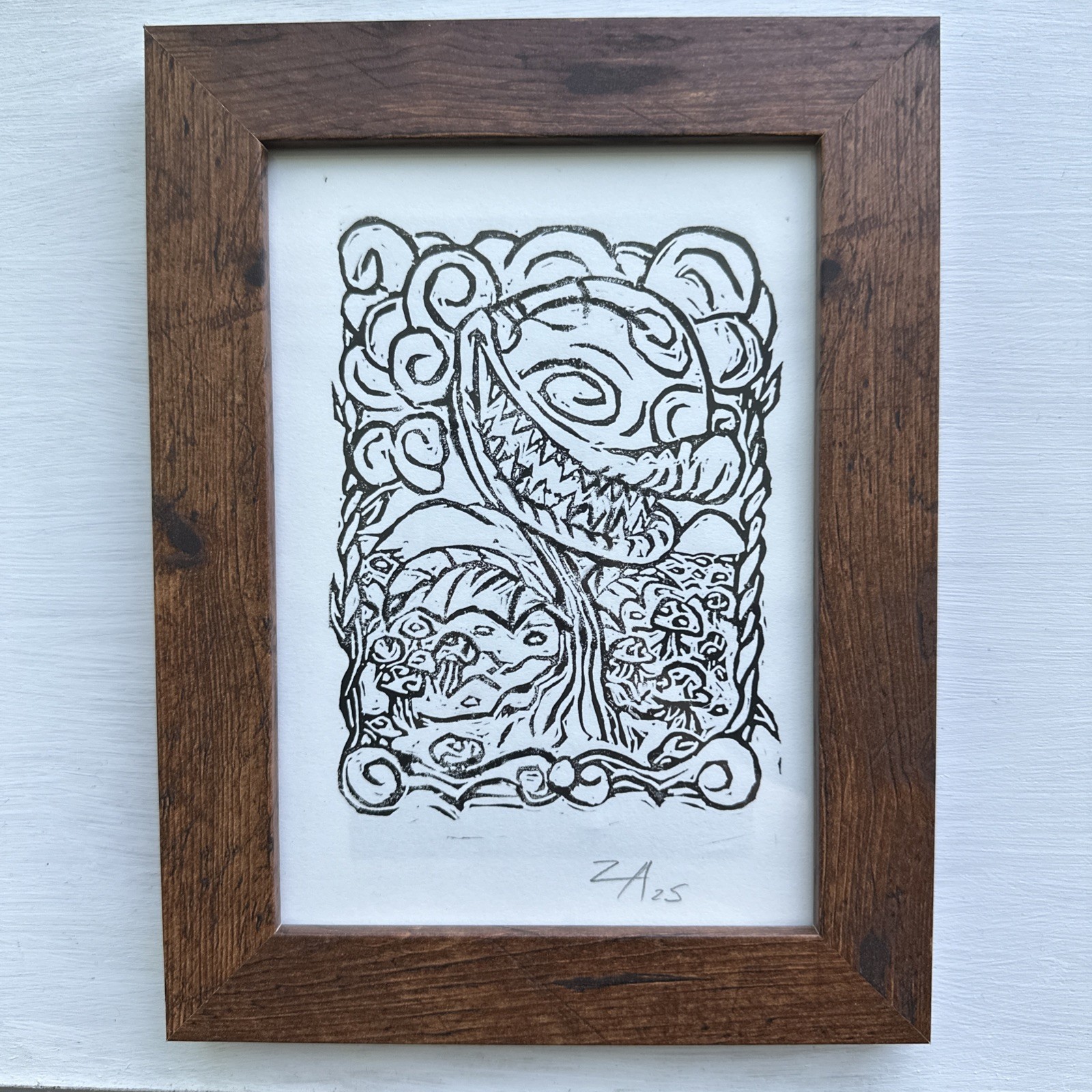 Piranha Plant Linocut Print FRAMED 5 X 7 Inch Paper