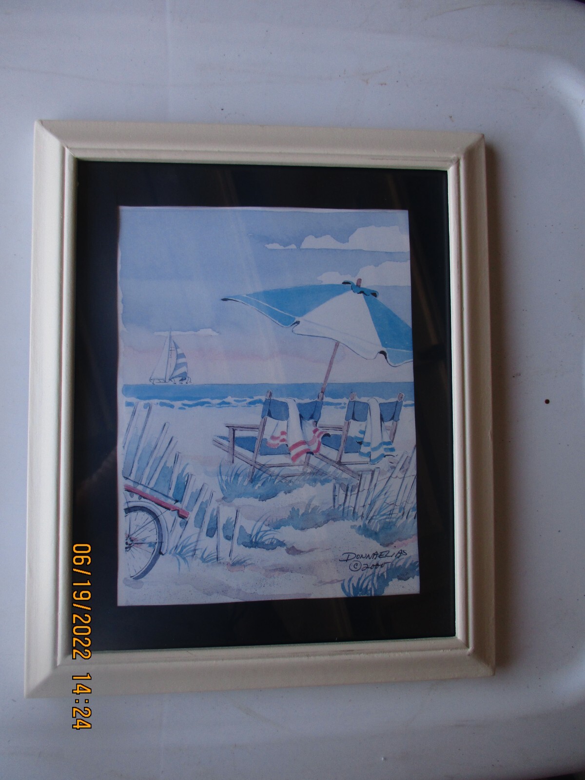 2 DONNA ELIAS NEW JERSEY NAUTICAL BEACH PRINT SHORE SCENE FRAMED & MATTED