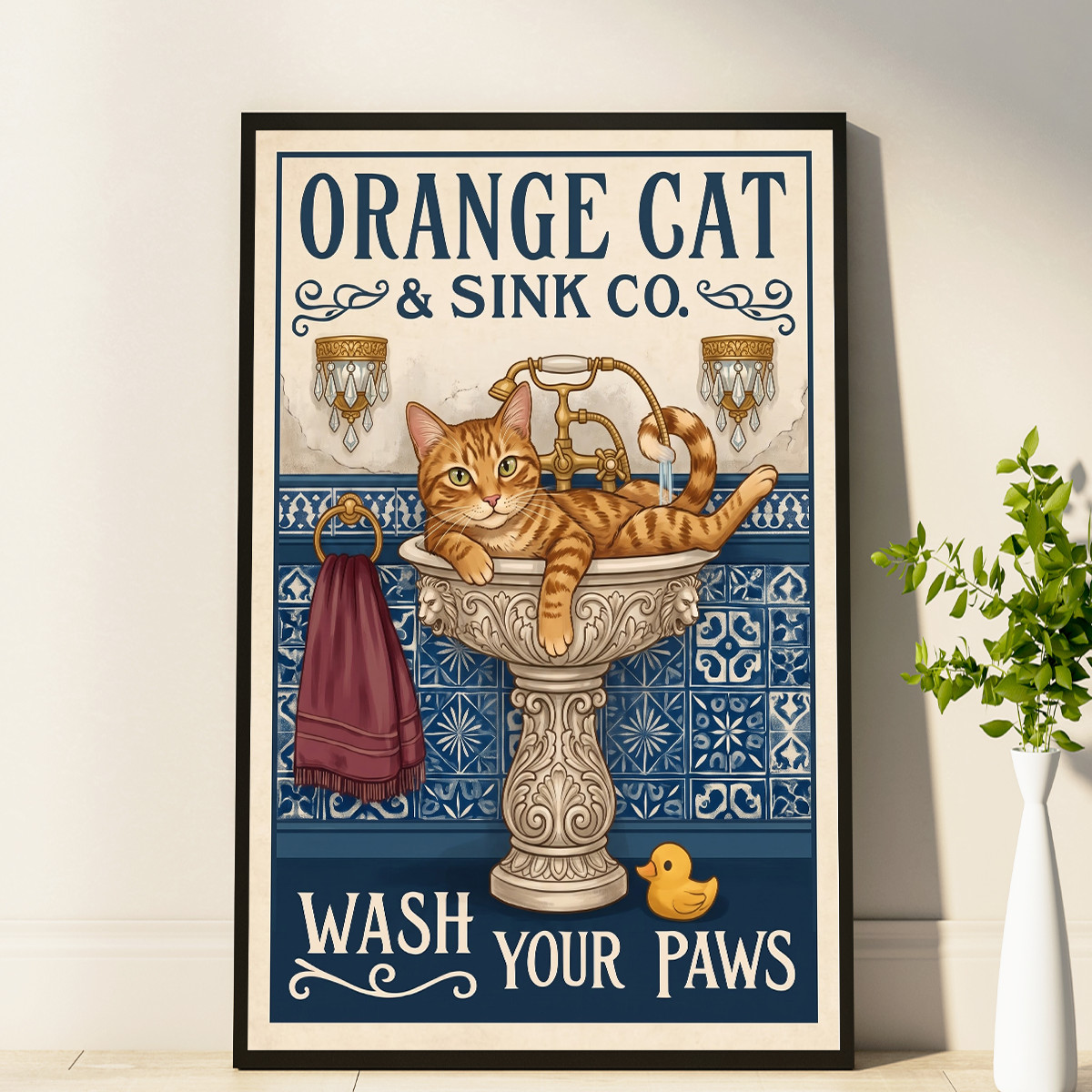 Silly Retro Orange Cat Wash Your Paws Wall Art, Fine Art Print Gift