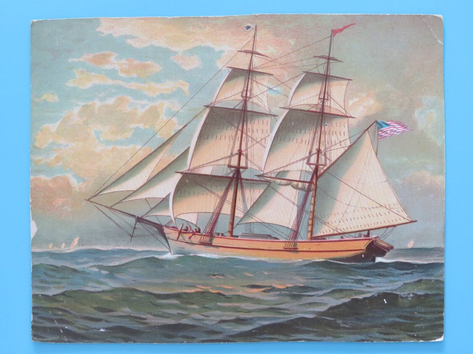 Original 1880 Color Lithograph 2-Mast Brig Mississippi Riverboat 5-3/4″x7-1/4″