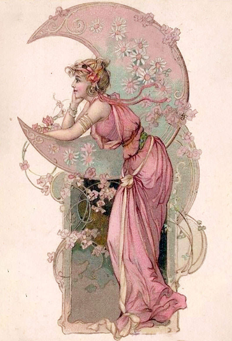Lady in Pink , Pink Moon and Flowers by Alphonse Mucha 11 x 16