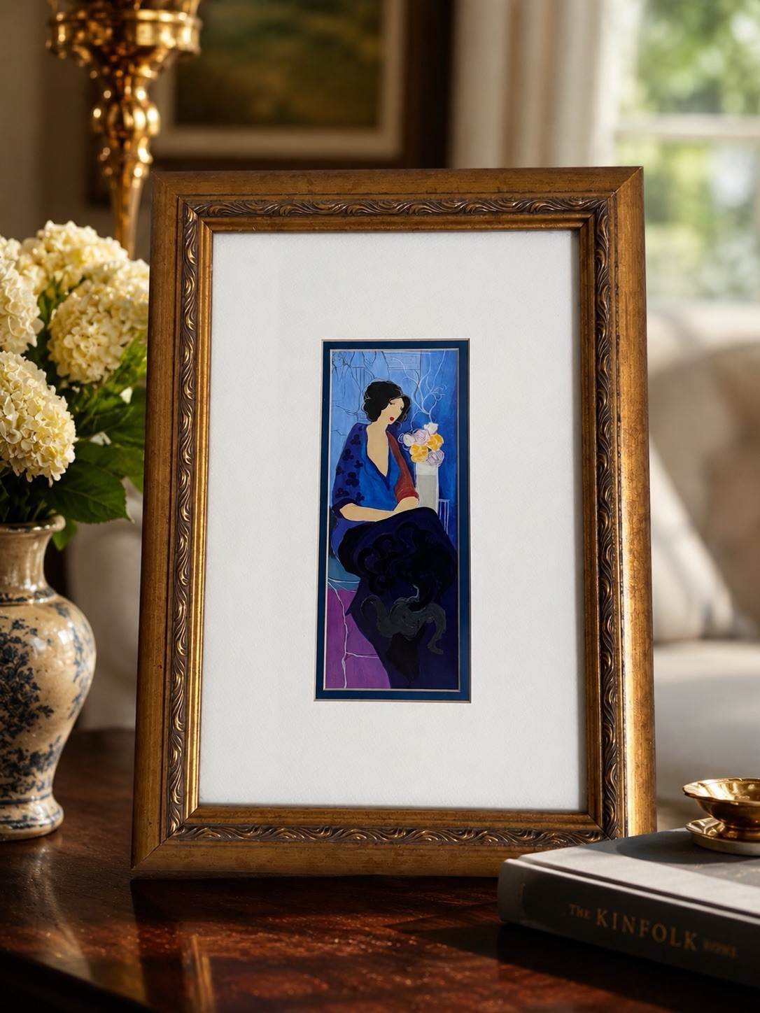 Vintage Tarkay Lady in Blue Framed Art Print Art Deco Woman Gold Frame 15×10