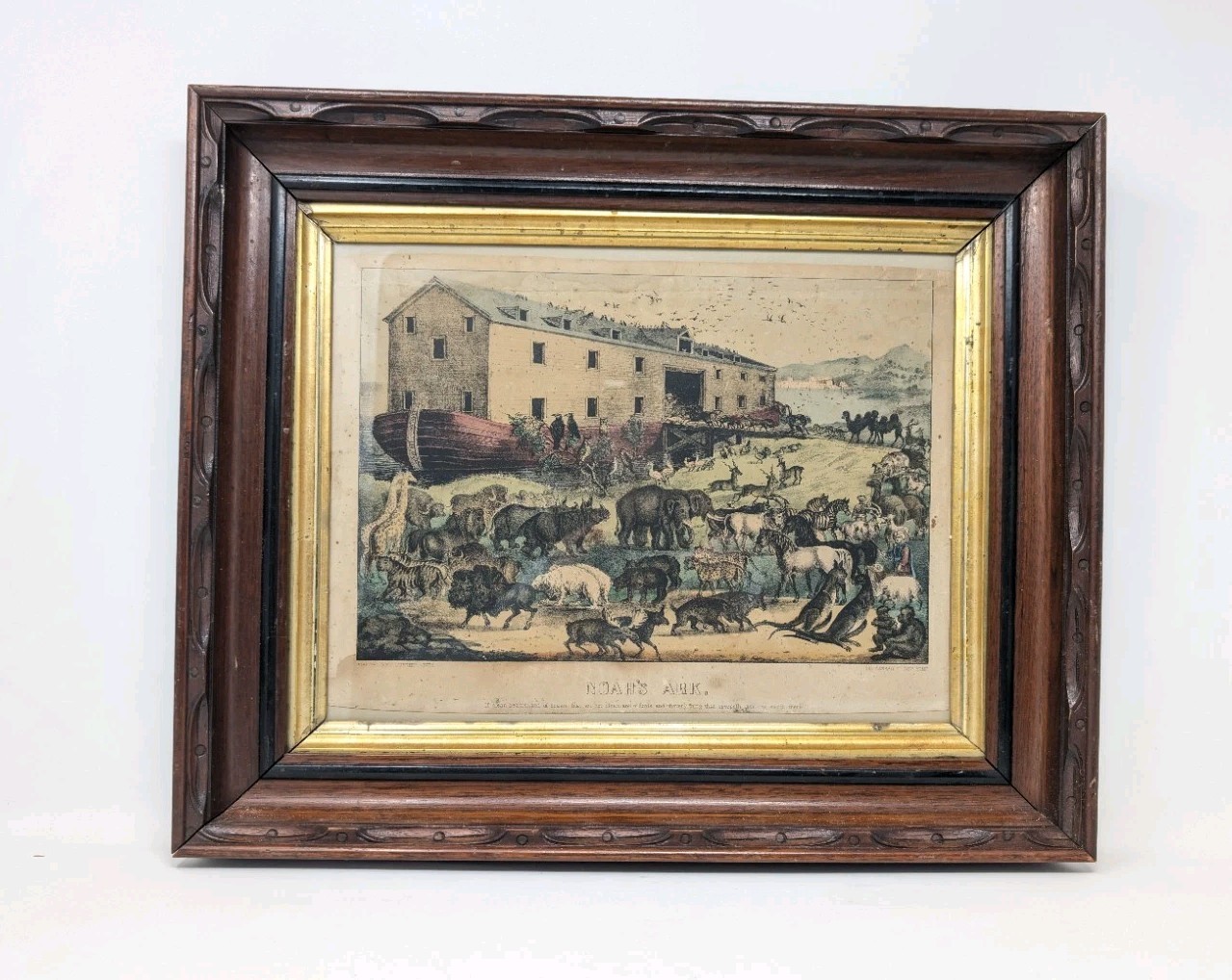 GORGEOUS! 15×18″ Deep Walnut Frame & 1838-56 Currier & Ives NOAH’S ARK Etching