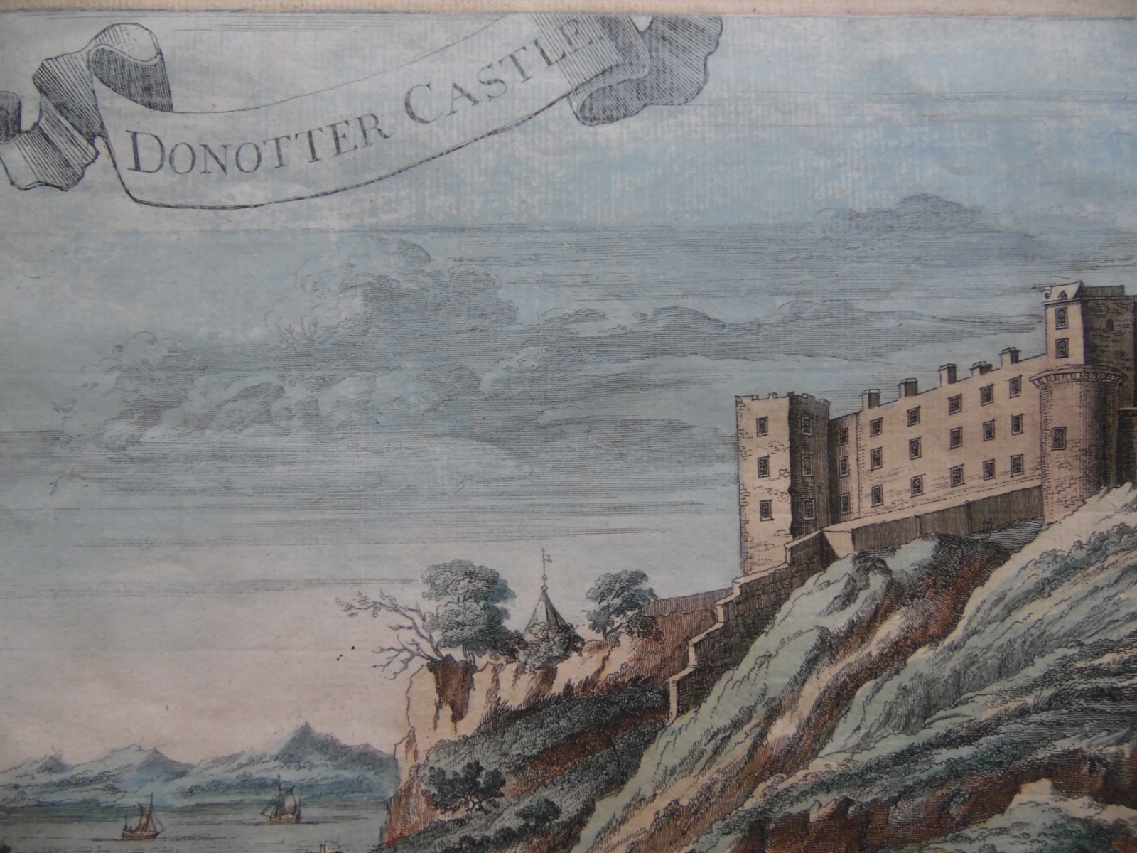 Donnottar Castle + Ships, Scottish Fortress Rare Original Antique engraving