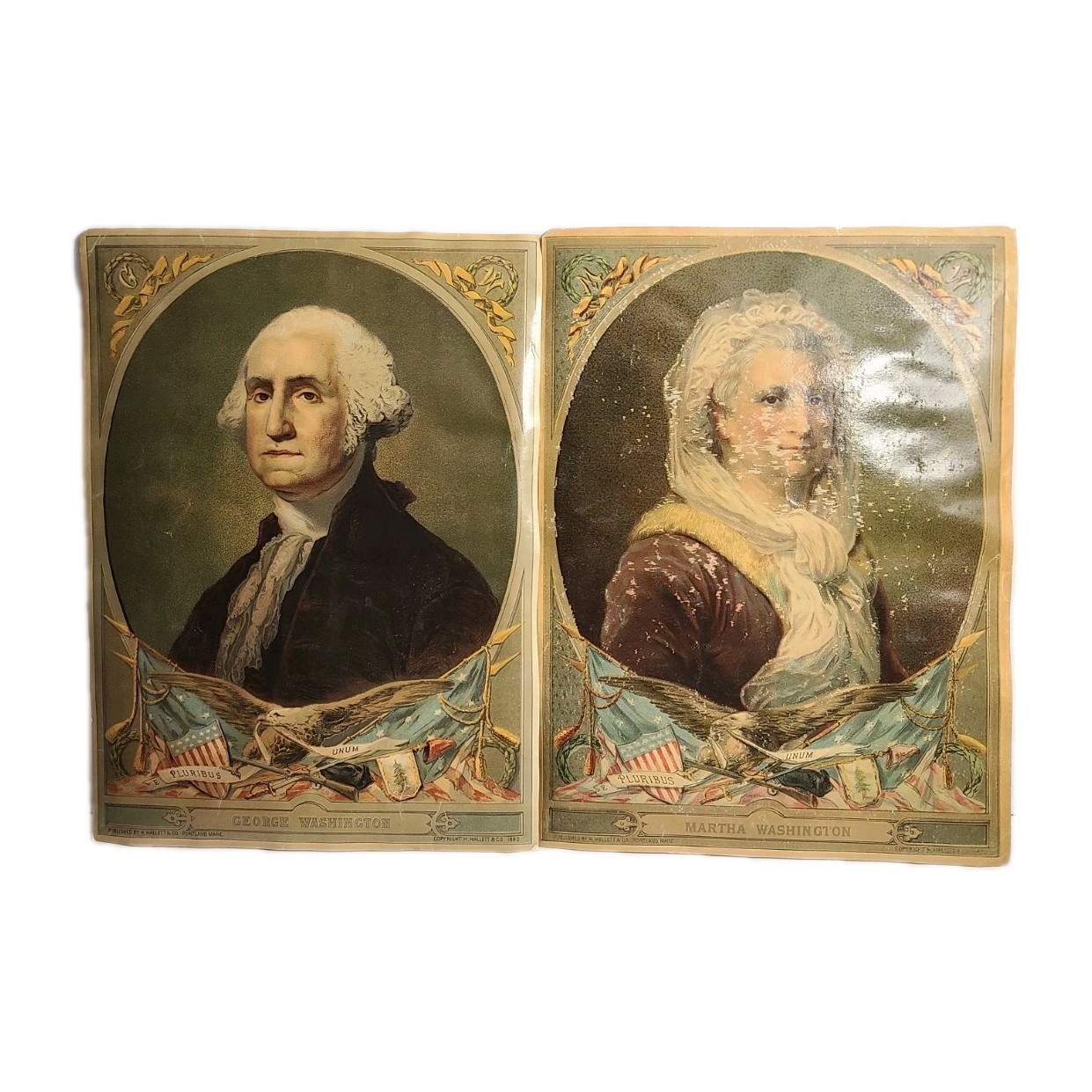 Antique Lithograph Set Pair George Washington & Wife President HTF Hallett & Co