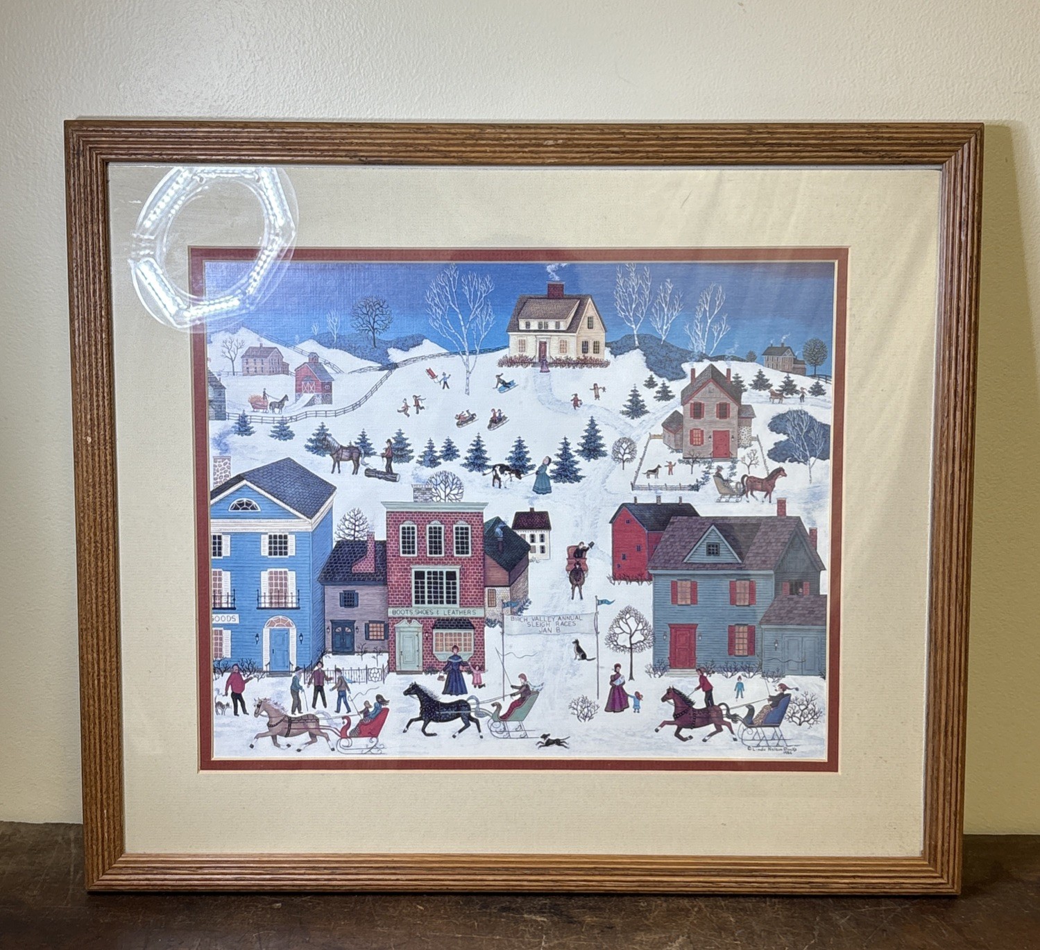 Linda Nelson Stocks Framed Matted Print Winter Scene 15”x17.5” Sleigh Races