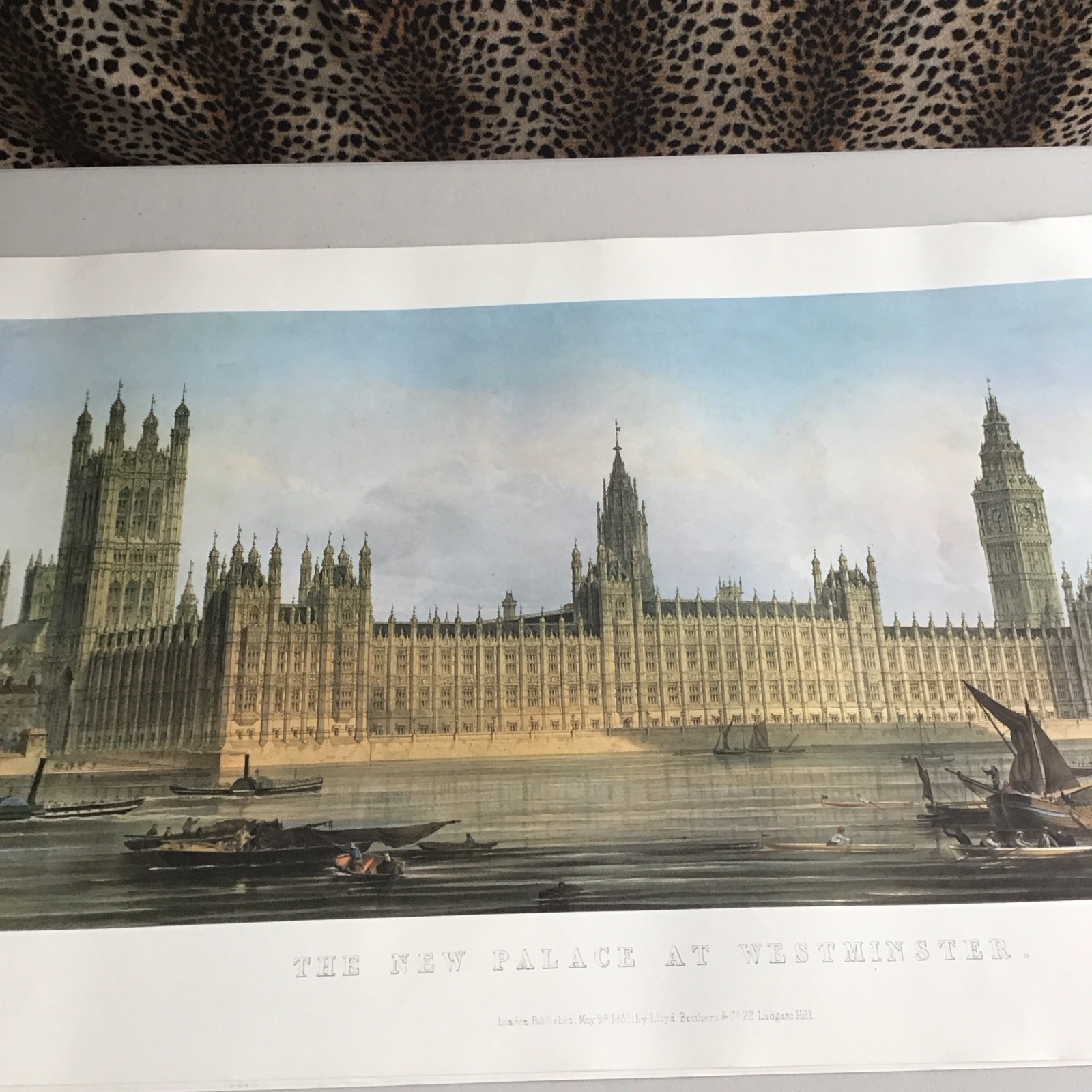 A LARGE ANTIQUE PRINT OF THE NEW PALACE OF WESTMINSTER LONDON
