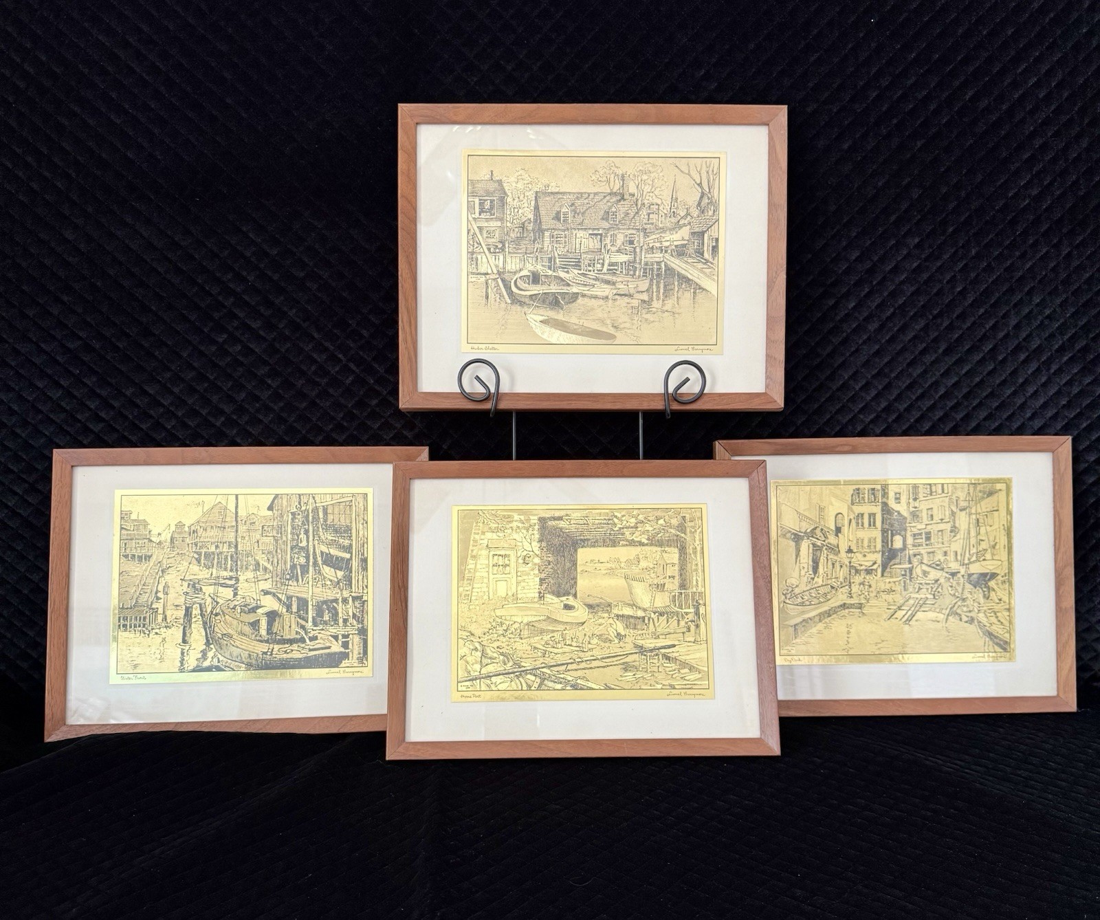Set of 4 Vintage Framed Gold Foil Etching Art Prints by Lionel Barrymore 9″ x 7″