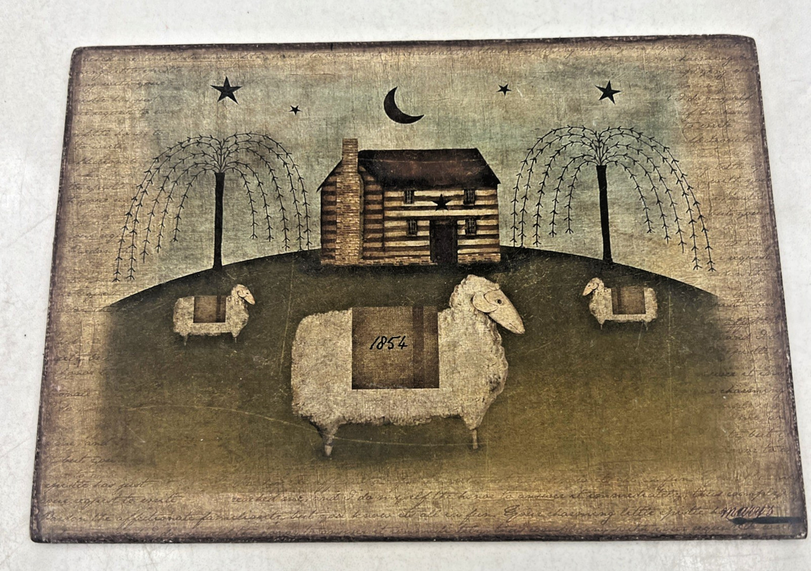 VTG Art Print Wood Wall Hanging Sheep Barn Patriotic Rustic Primitive 7×5″