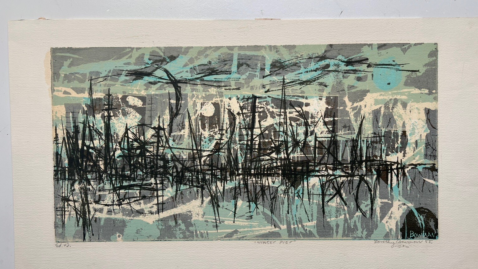 Dorothy Bowman Signed Vintage Serigraph Print Titled “Winter Pier” 1955
