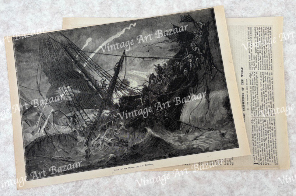 USS Huron Shipwreck Sinking Ship 1884 antique Victorian art print article