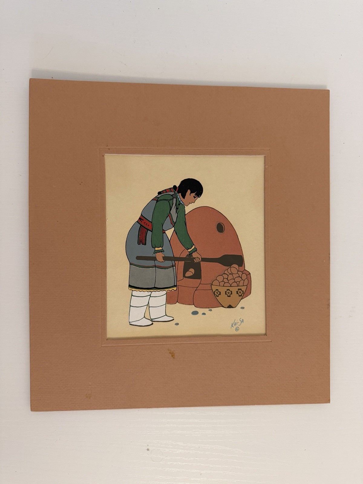 Percy Tsisete Kai Sa Woman Making Bread Native American Silkscreen Print Matted
