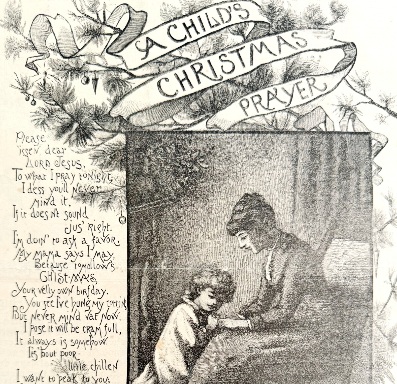 Childs Christmas Prayer 1885 Victorian Art Wood Engraving Lizbeth Comins DWHH11