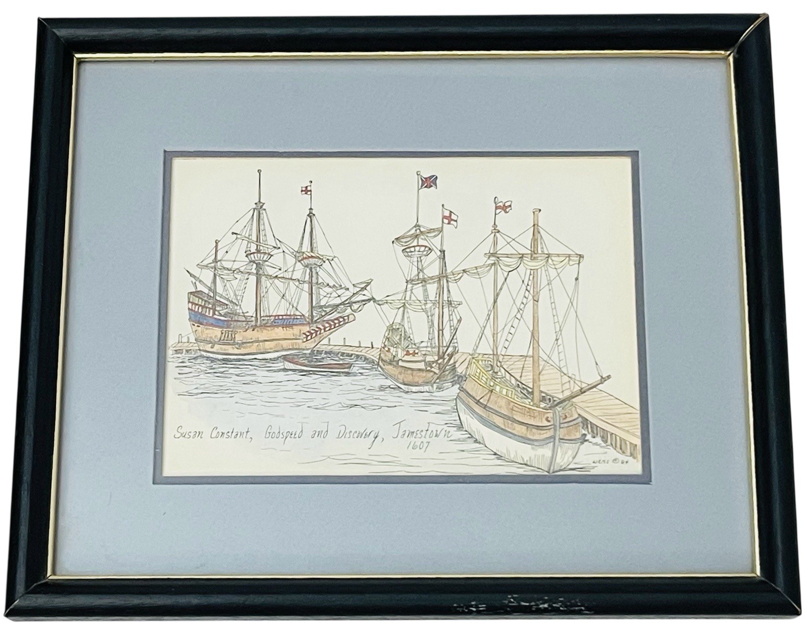 SHIPS AT JAMESTOWN 1607 PEN INK PRINT MARY ALICE WEISS 1984 MATTED FRAMED 9 x 11