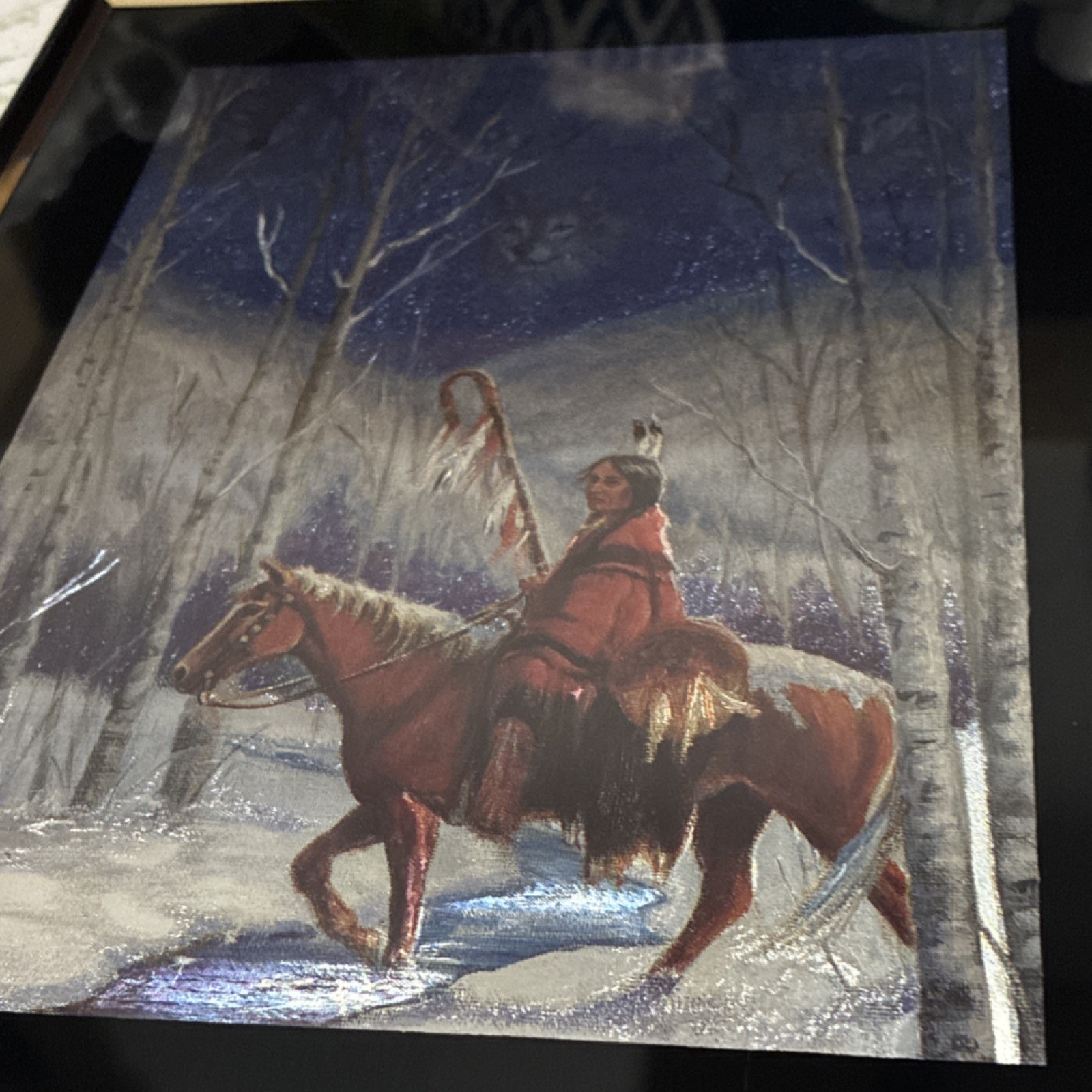 IND WOLVES CLOUD Matted & Framed Art Print, Portrait Western Winter Horse Rider