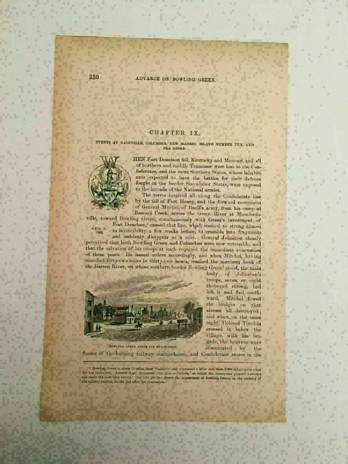 KP34) Evacuation of Bowling Green Kentucky American Civil War 1886 Engraving