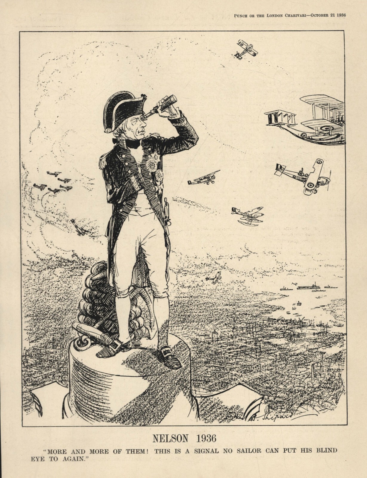 Rare 1936 British Cartoon HORATIO NELSON Sea to Skies AIRPLANES Military Changes