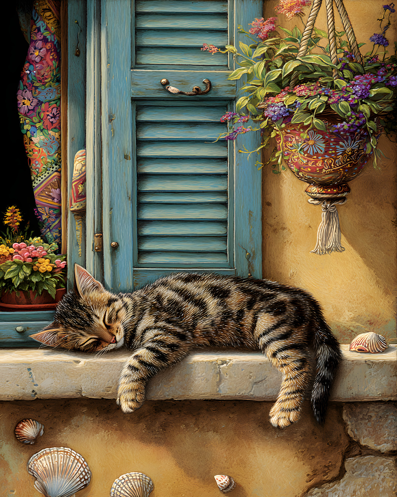 8×10 Cozy Storybook Cat Sleeping on Ledge Art Print Cottagecore – 682385063