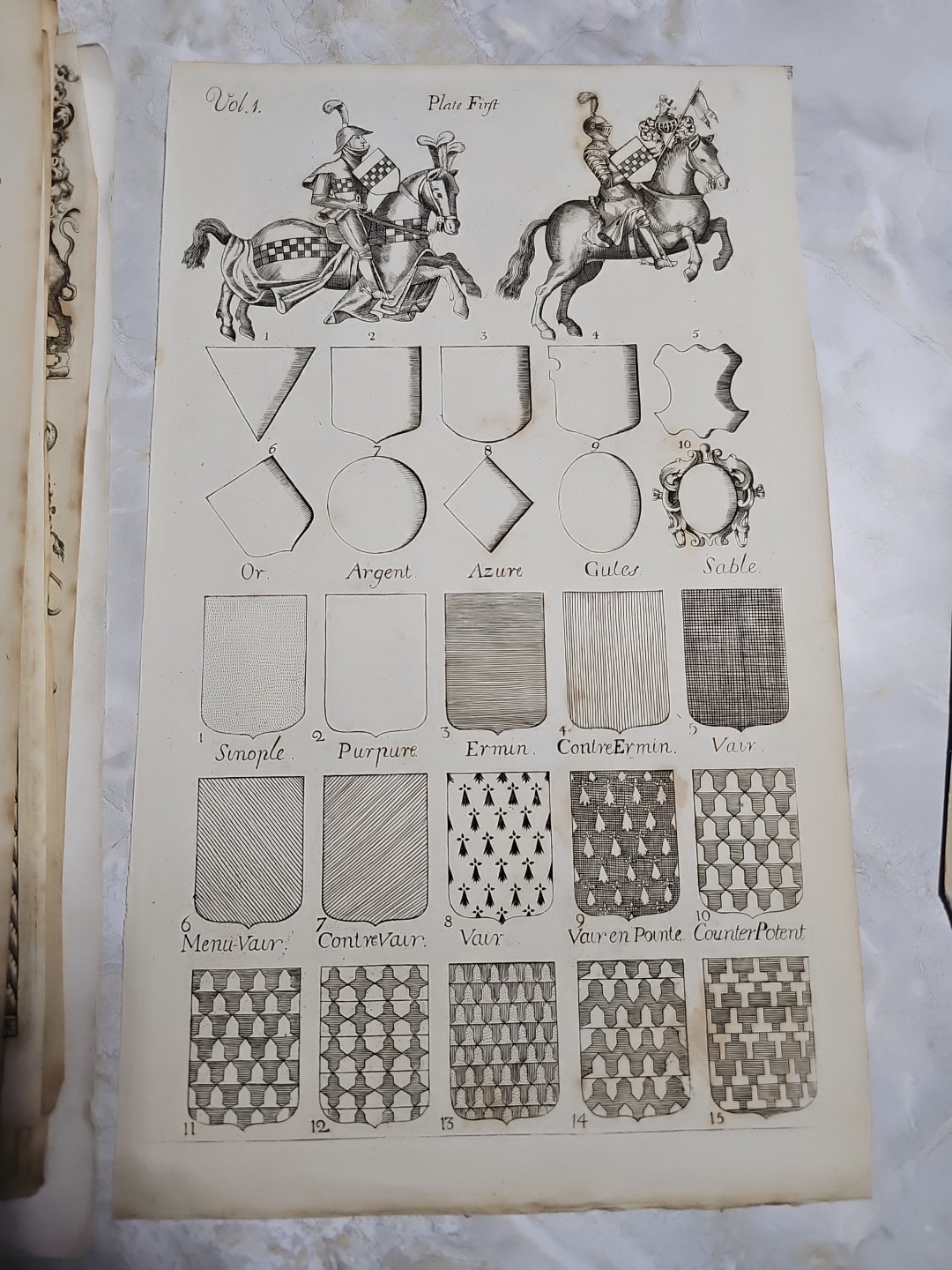 Antique Heraldry Engraving Plate Knights Shields Or Argent Azure Gules 1700s