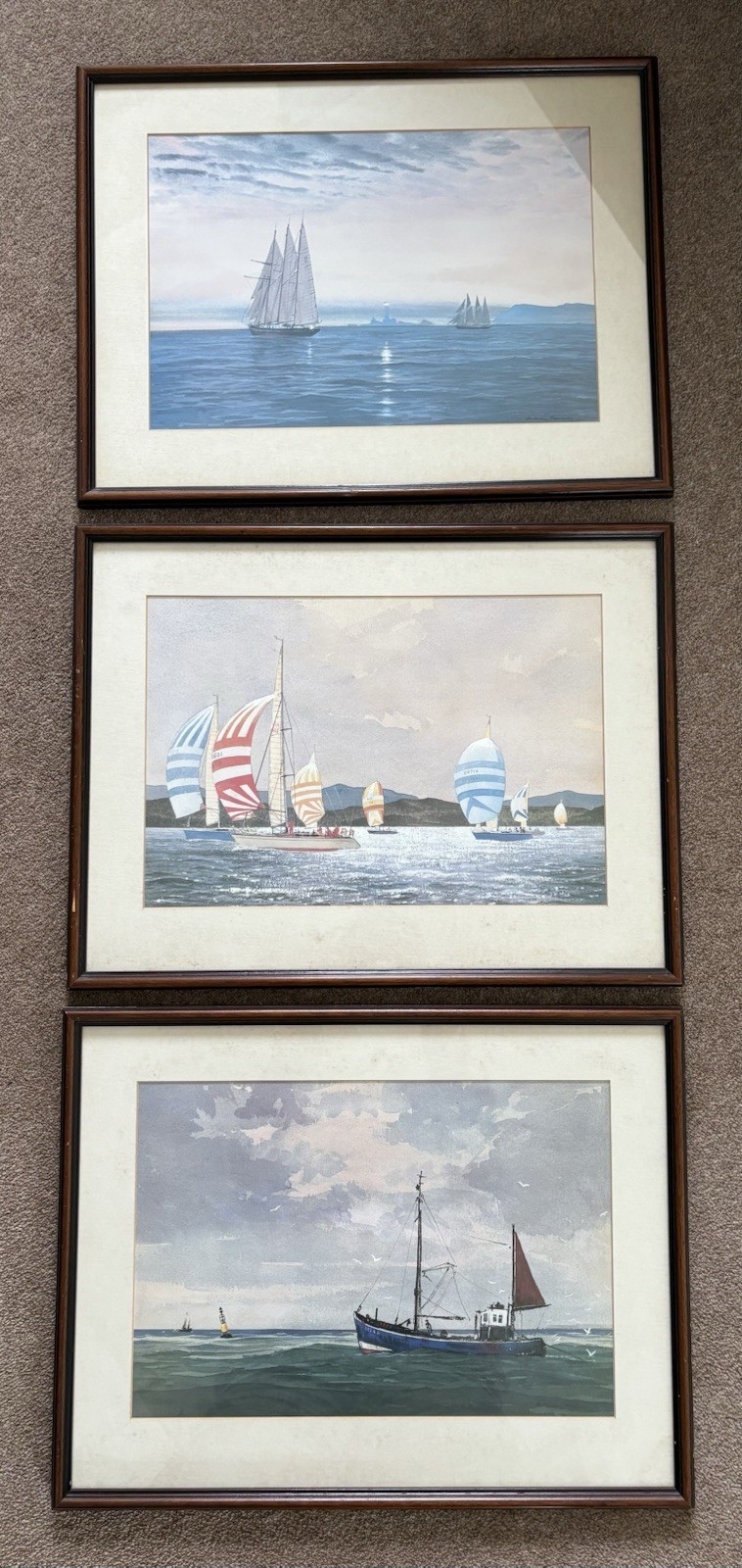 3 Large Framed Anthony Flemming Watercolour Prints Nautical Boats Sea Sailing