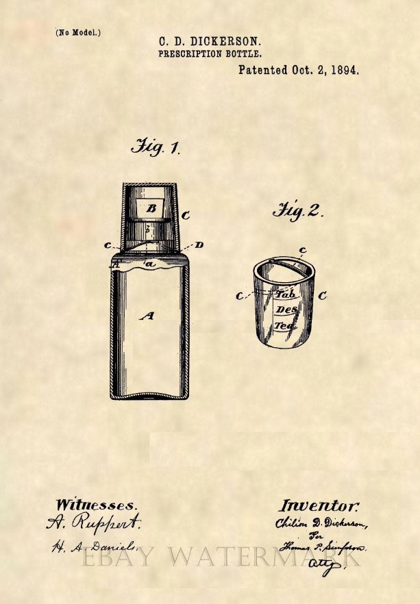 1894 Pharmacist Prescription Bottle Patent Art Print – Pharmacy Gift Art 492