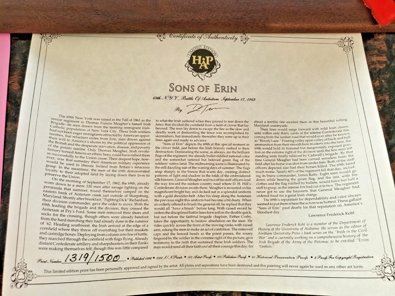 Don Troiani Sons Of Erin – Civil War Print Signed w/ COA 1319-1500 NEVER FRAMED