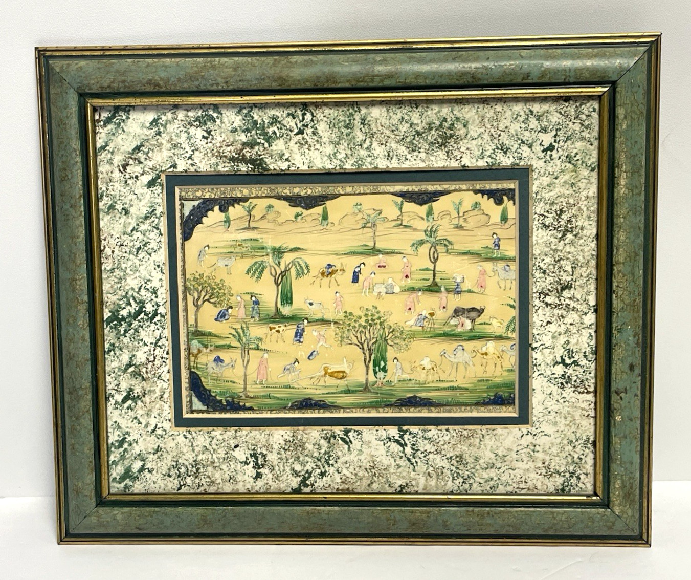 Vintage Persian Miniature Style Painting Framed Folk Art Scene 10×12