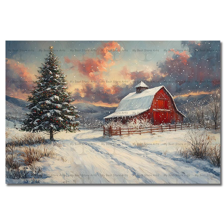 Red Barn Art Print, Winter Barn Poster, Rustic Decor