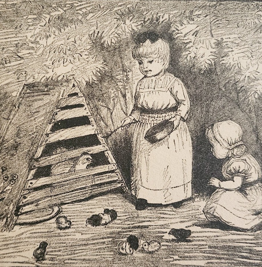 1872 Hen and Chicks Little Girls On Farm Victorian Art Print Antique Ephemera