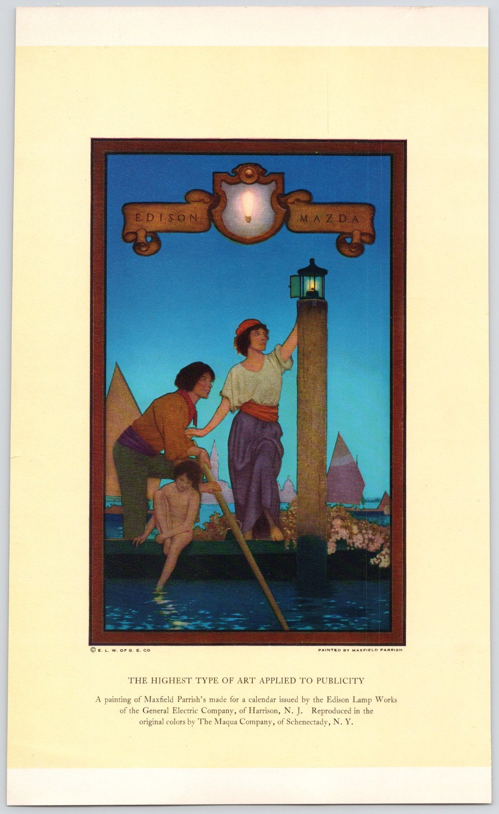 1924 Maxfield Parrish Mazda Edison Calendar Print Venetian Lamplighter 7.25×12″