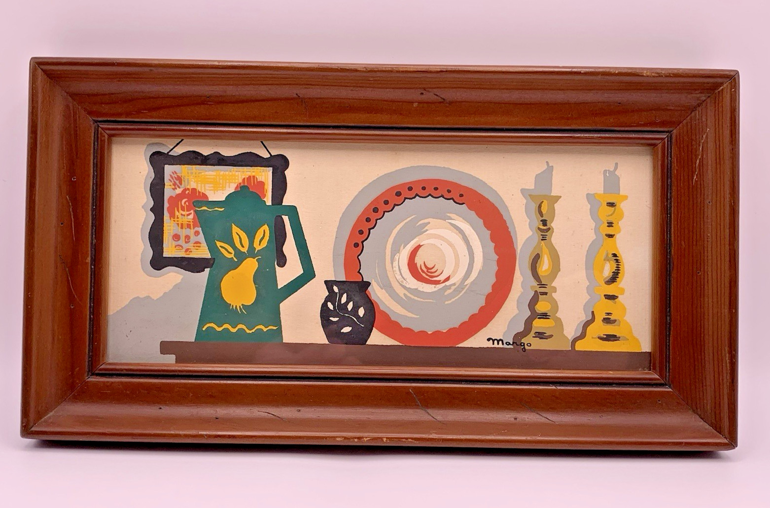 Vintage Set of 4 Margo Alexander Kitchen Wall Art Prints Wood Framed 9.5″x5″ MCM