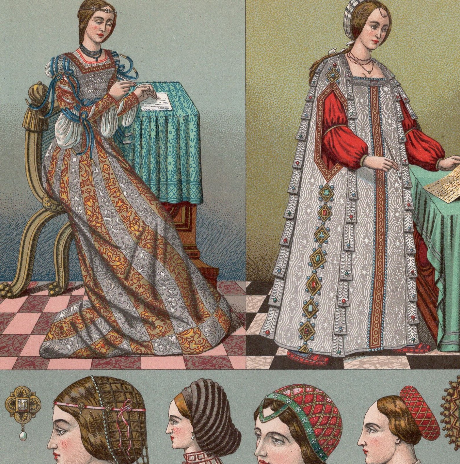 RENAISSANCE LADIES & HEADWEAR – Europe XVI Century – 1876 Antique Print