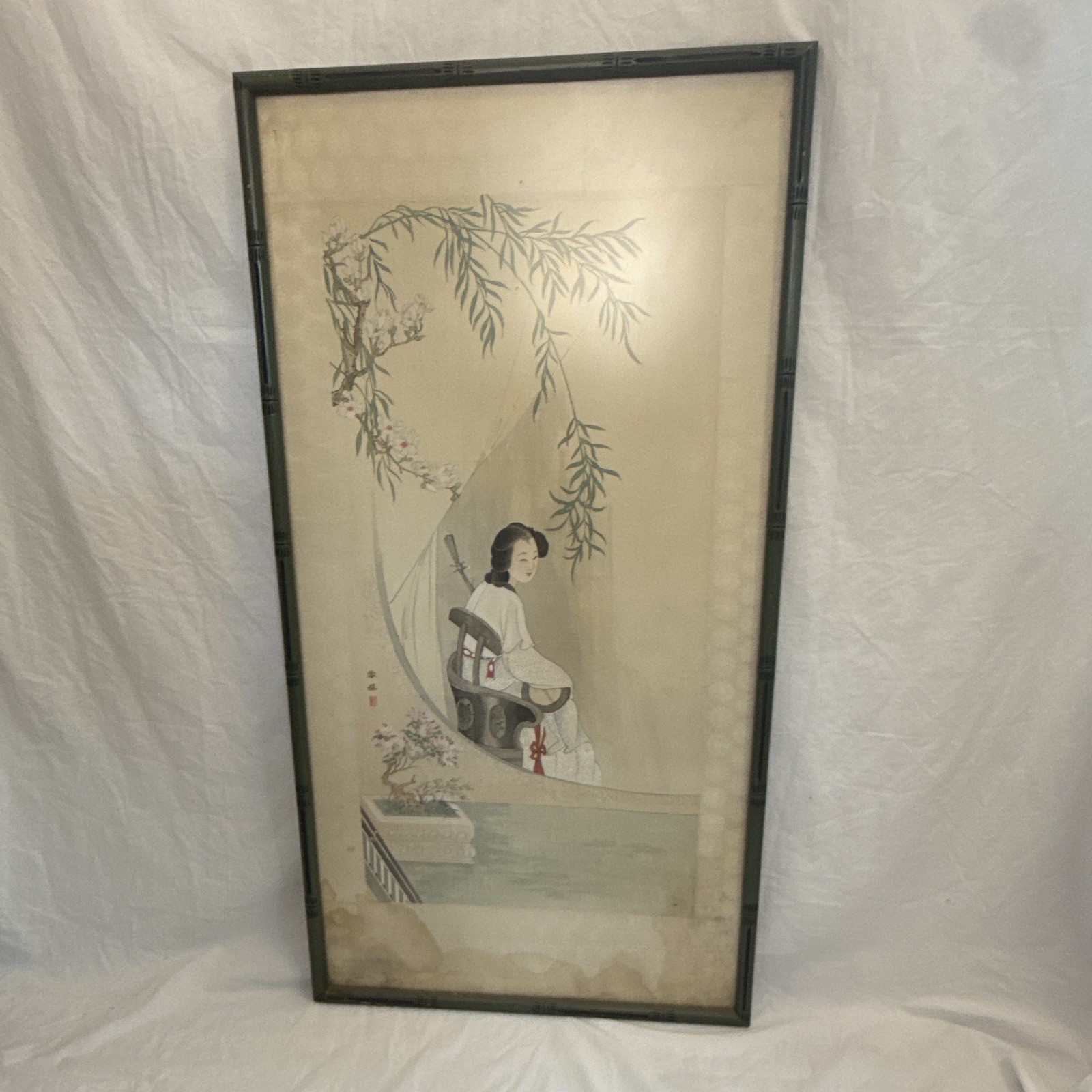 Quing Dynasty Framed Portrait Art Panel on Paper Woman With Floral Silk Border