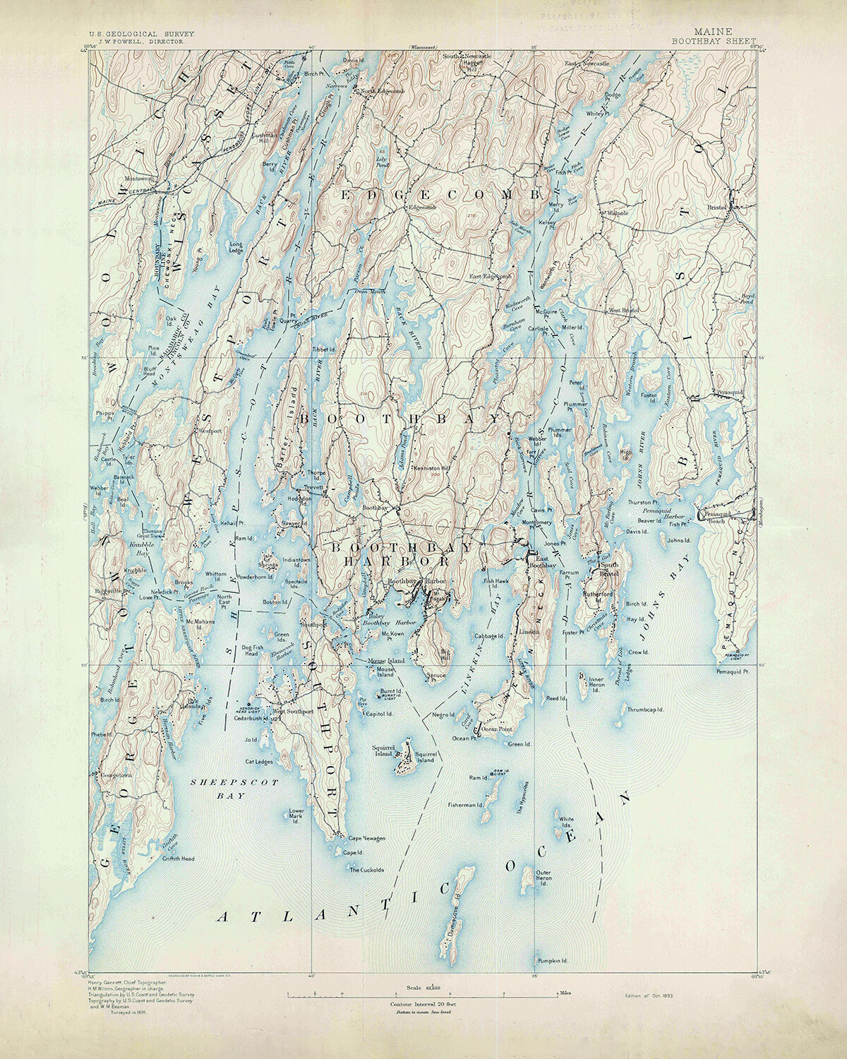 1893 Topo Map of Boothbay Maine